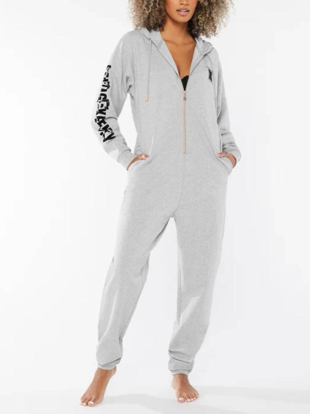 Savage X Fenty hooded showgirl graphic sweatshirt onesie Jumpsuit